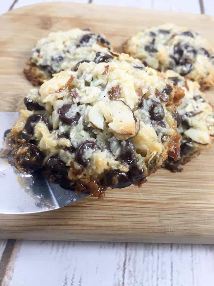 low carb almond joy cookie on spatula