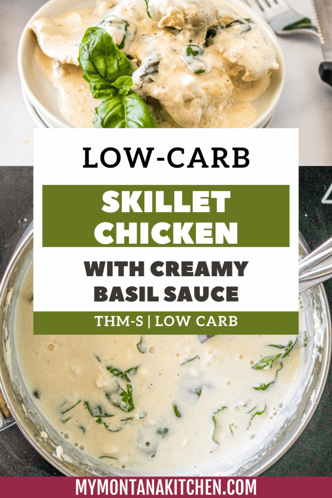 cream sauce with basil in pot; creamy basil chicken thighs on white plate