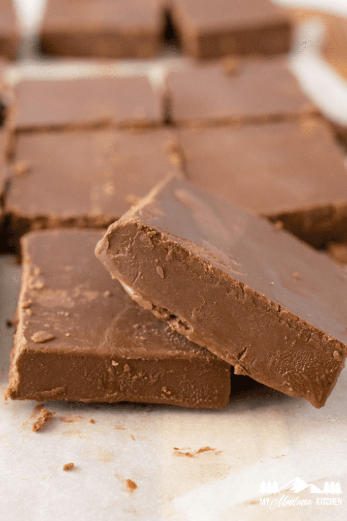 close up of chocolate peanut butter fudge