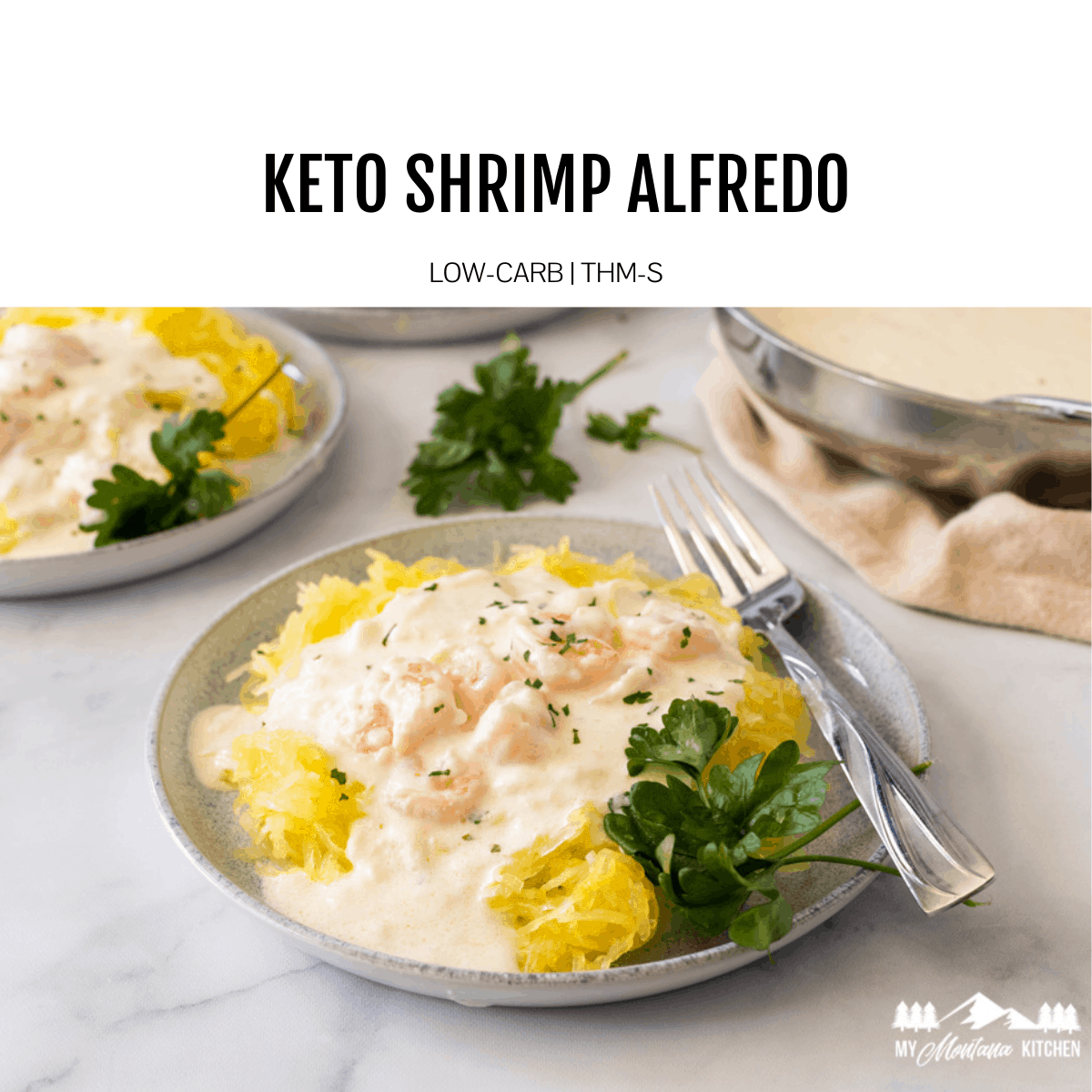 keto shrimp alfredo with spaghetti squash on gray plate