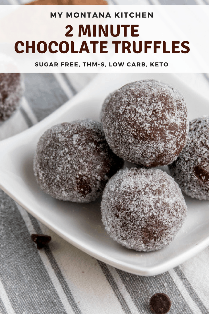 If you need a quick sweet treat, try this 2 Minute Chocolate Truffles Recipe. Seriously, you can have a decadent, velvety, rich truffle in less than 2 minutes - and with NO guilt! #trimhealthymama #thm #thm-s #2minutetruffles #thmtruffles #sugarfree #keto #lowcarb #dairyfree #glutenfree #chocolate