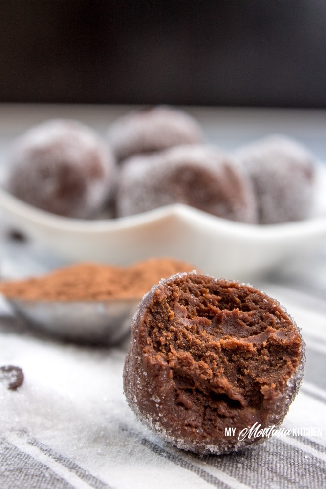 If you need a quick sweet treat, try this 2 Minute Chocolate Truffles Recipe. Seriously, you can have a decadent, velvety, rich truffle in less than 2 minutes - and with NO guilt! #trimhealthymama #thm #thm-s #2minutetruffles #thmtruffles #sugarfree #keto #lowcarb #dairyfree #glutenfree #chocolate