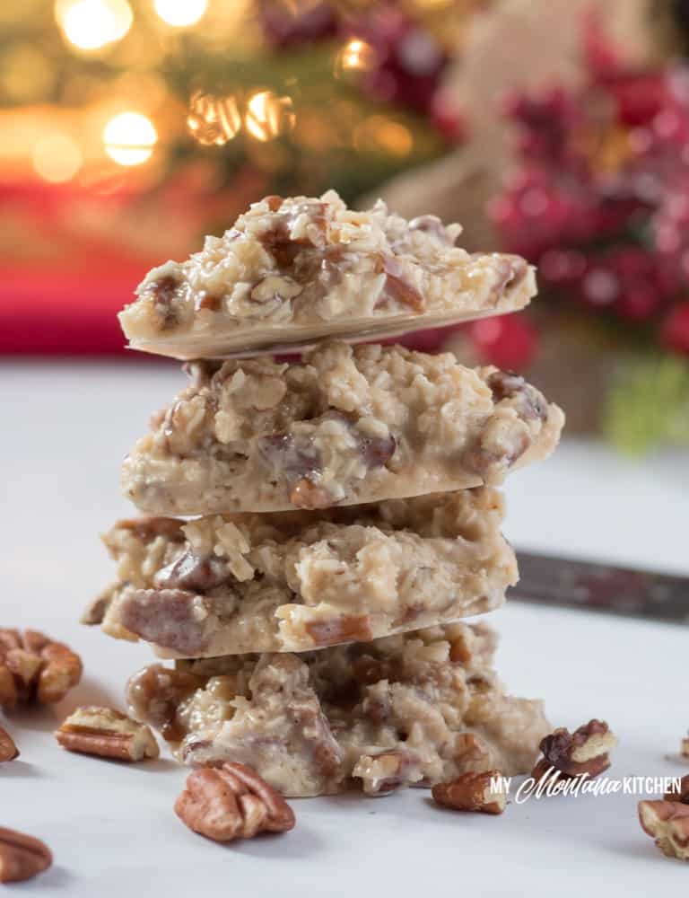 A handful of ingredients, and 15 minutes is all it takes to make these low carb Holiday Praline No-Bake Cookies. These sugar free cookies are great for keto Christmas Cookie trays! Filled with coconut, pecans, and a low carb sweetened condensed milk, these keto Christmas cookies are perfect! #ketocookie #sugarfree #lowcarbcookie #thmcookie #christmascookie #healthychristmascookie #keto #lowcarb #pralines #holidaypralines #nobakecookie 