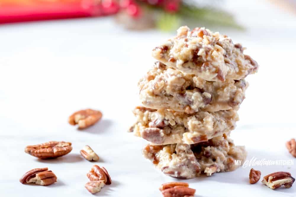 A handful of ingredients, and 15 minutes is all it takes to make these low carb Holiday Praline No-Bake Cookies. These sugar free cookies are great for keto Christmas Cookie trays! Filled with coconut, pecans, and a low carb sweetened condensed milk, these keto Christmas cookies are perfect! #ketocookie #sugarfree #lowcarbcookie #thmcookie #christmascookie #healthychristmascookie #keto #lowcarb #pralines #holidaypralines #nobakecookie 