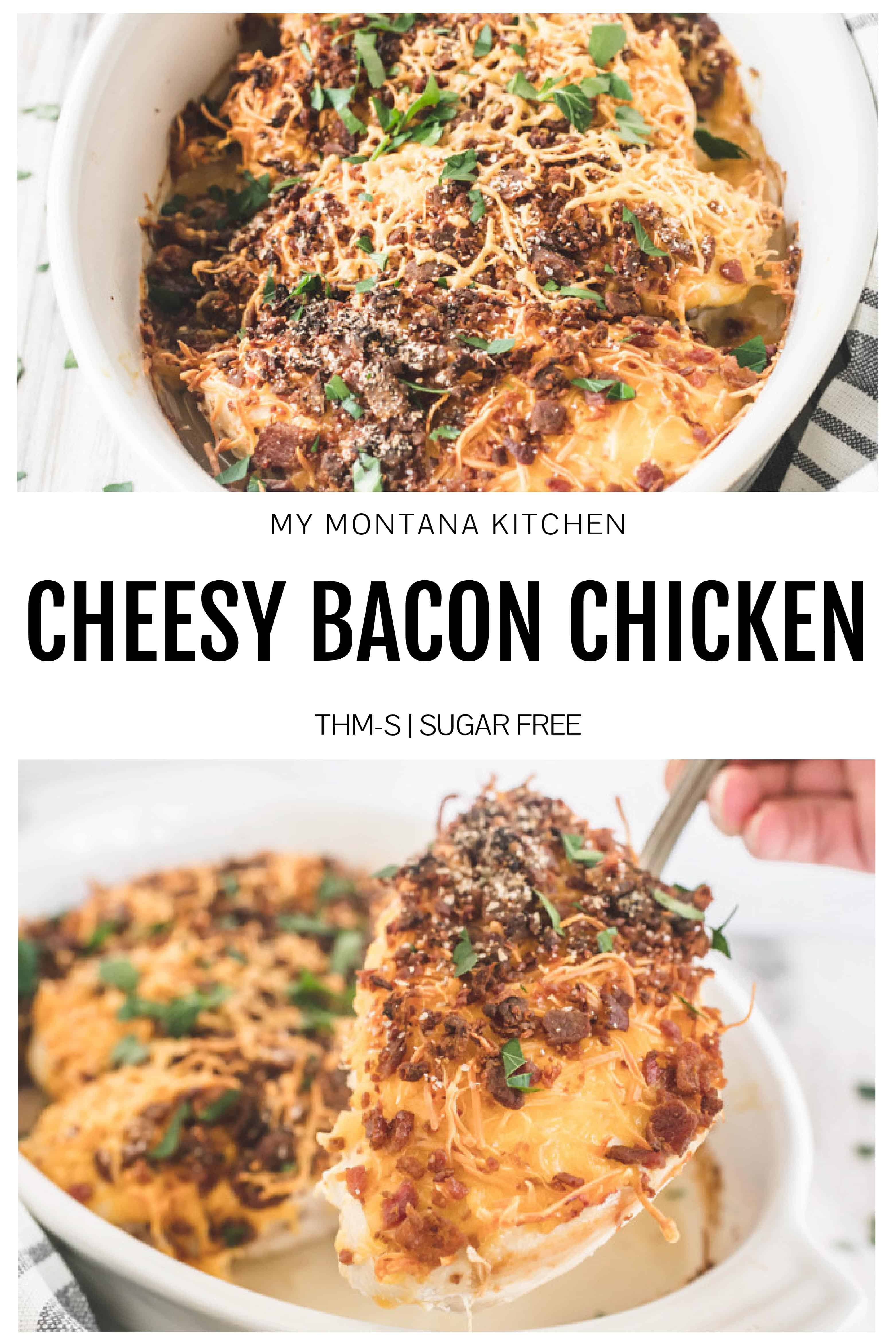 This easy chicken with bacon and cheese couldn’t be any easier! Juicy and tender chicken smothered in melty cheese and crispy bacon. This is a recipe that comes together in 5 minutes, and it makes a great weeknight dinner recipe! #cheesybaconchicken #lowcarbchickenrecipe