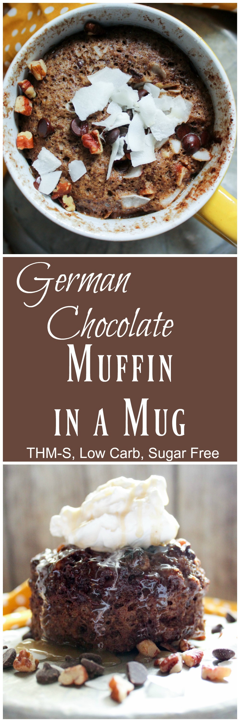 2 Tablespoons Trim Healthy Mama Baking Blend 1 Tablespoon Cocoa Powder 1 - 1.5 Tablespoons Gentle Sweet (you can use the 1.5 Tablespoon if you really like things sweet) ½ Teaspoon Baking Powder 2 Tablespoons Unsweetened Almond Milk 1 Tablespoon Coconut Oil 1 Teaspoon Vanilla Extract 1 Egg 1 Tablespoon Flaked Unsweetened Coconut 1 Tablespoon Lilly's Chocolate Chips 1 Tablespoon Chopped Pecans