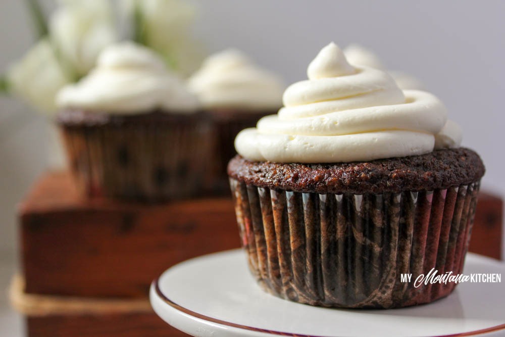 Chocolate Cupcakes with Whipped Cream Cheese Frosting (THM-S, Low Carb, Sugar Free)