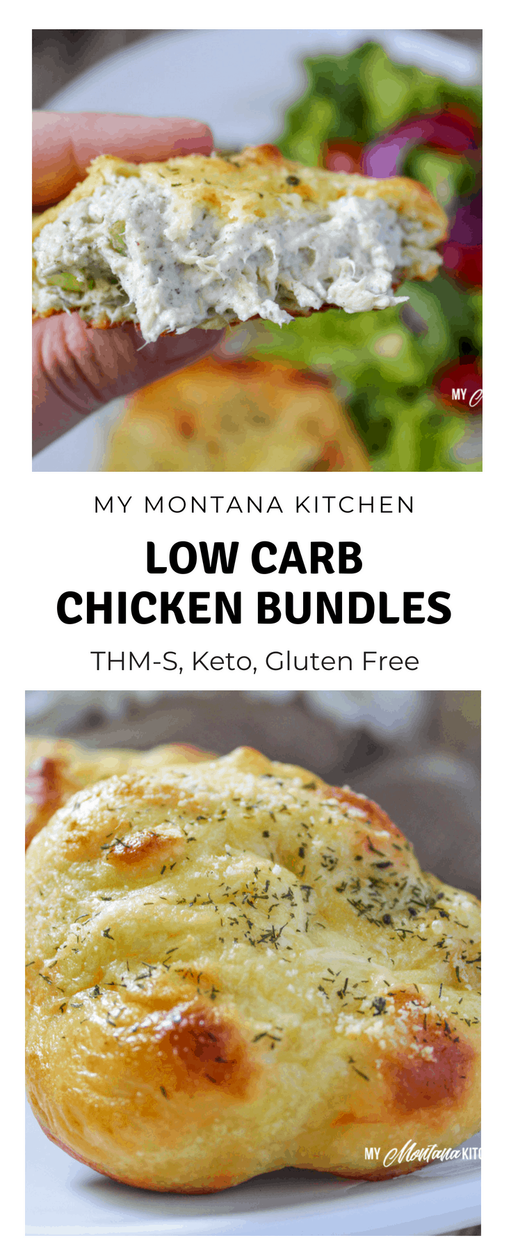 These creamy, low carb chicken bundles are made with cream cheese, chicken, and a pop of dill and then wrapped in mozzarella dough and baked to golden perfection. This easy recipe makes a perfect low carb or kept dinner. #trimhealthymama #thm #thms #lowcarb #keto #mozzarelladough #chickenbundles #dinnerideas #mymontanakitchen #healthydinner