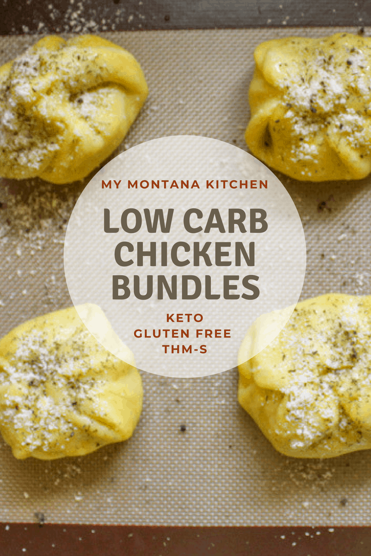 This cream cheese chicken bundle recipe is low carb, gluten free, keto -friendly, and a Trim Healthy Mama S Fuel (THM S). These chicken bundles make a great family-friendly-dinner idea! #trimhealthymama #thm #thms #lowcarb #keto #mozzarelladough #chickenbundles #dinnerideas #mymontanakitchen #healthydinner