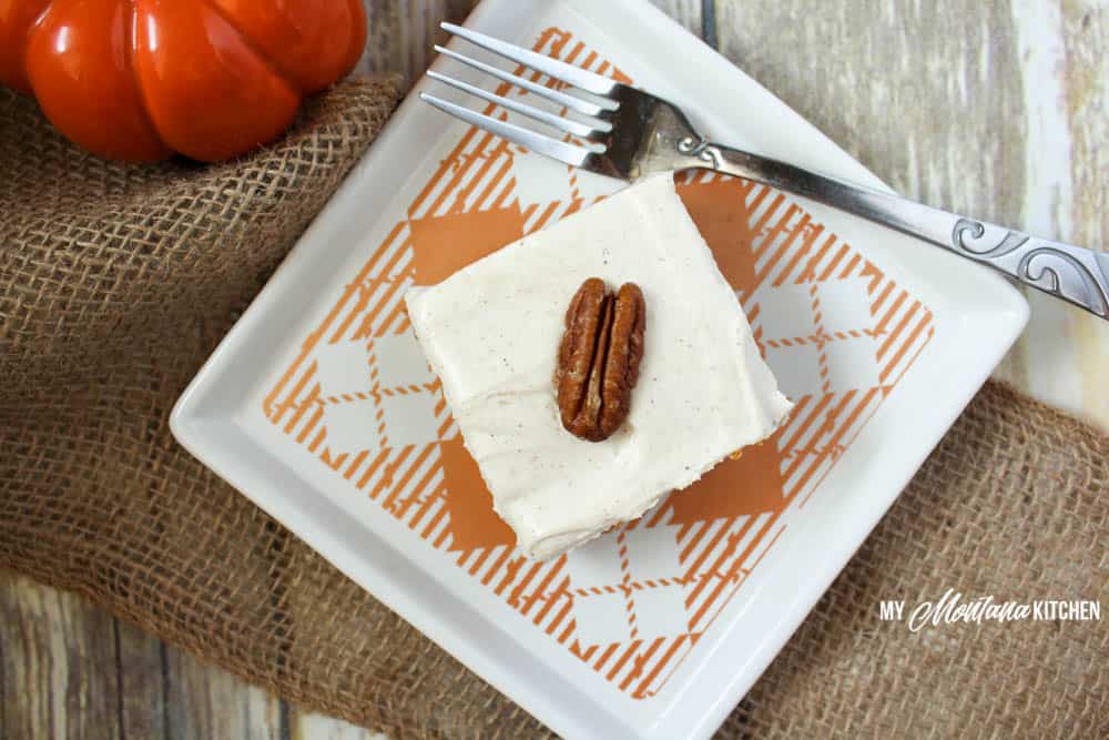 Pumpkin Bars with Cinnamon Cream Cheese Frosting (Low Carb, Sugar Free, THM-S) #pumpkin #pumpkinbars #sugarfree #lowcarb #thm #trimhealthymama