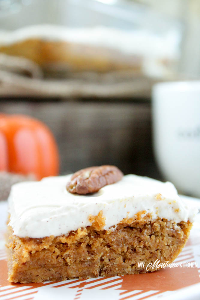 Pumpkin Bars with Cinnamon Cream Cheese Frosting (Low Carb, Sugar Free, THM-S) #pumpkin #pumpkinbars #sugarfree #lowcarb #thm #trimhealthymama