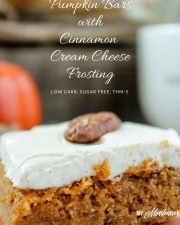 Pumpkin Bars with Cinnamon Cream Cheese Frosting (Low Carb, Sugar Free, THM-S) #pumpkin #pumpkinbars #sugarfree #lowcarb #thm #trimhealthymama
