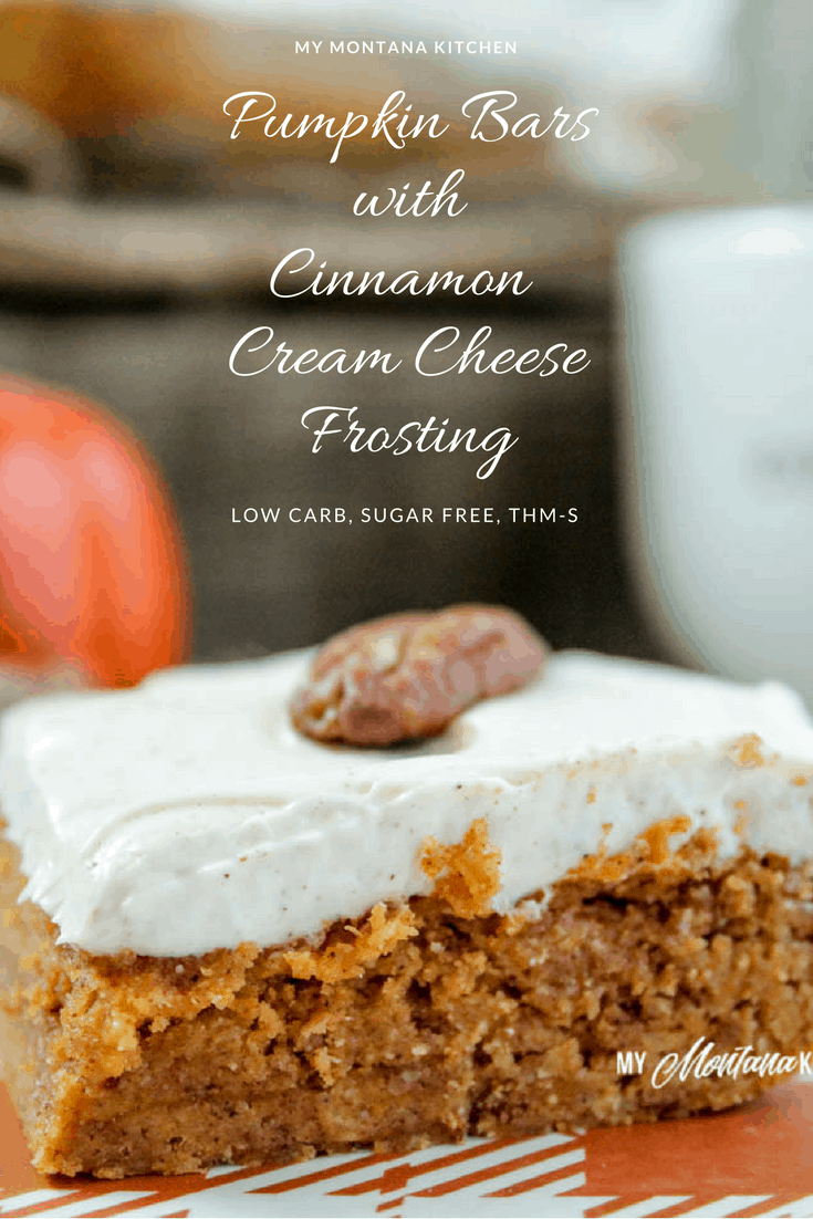 Pumpkin Bars with Cinnamon Cream Cheese Frosting (Low Carb, Sugar Free, THM-S) #pumpkin #pumpkinbars #sugarfree #lowcarb #thm #trimhealthymama