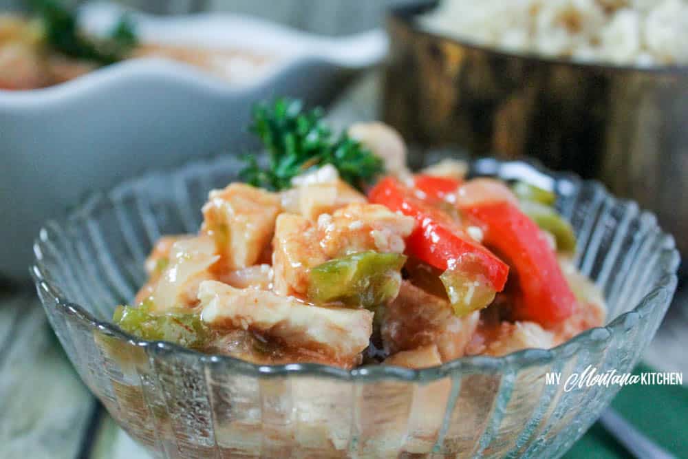 Sweet and Sour Chicken (THM-E, Sugar Free) #sweetandsourchicken #sweetandsour #lowfat #healthycarb #thm #trimhealthymama #thme #chicken #instantpot #recipe