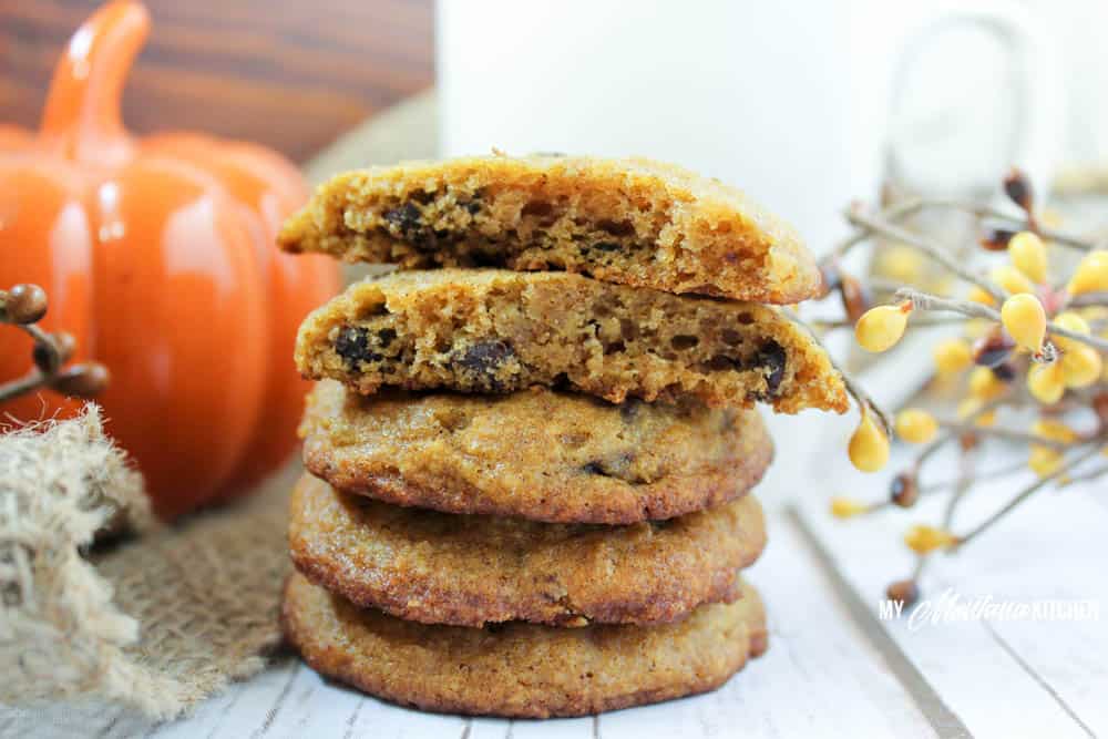 Pumpkin Chocolate Chip Cookies (Low Carb, Sugar Free, Gluten Free, THM-S) #pumpkin #pumpkincookie #chocolatechipcookie #lowcarb #trimhealthymama #thms #sugarfree #healthycookie