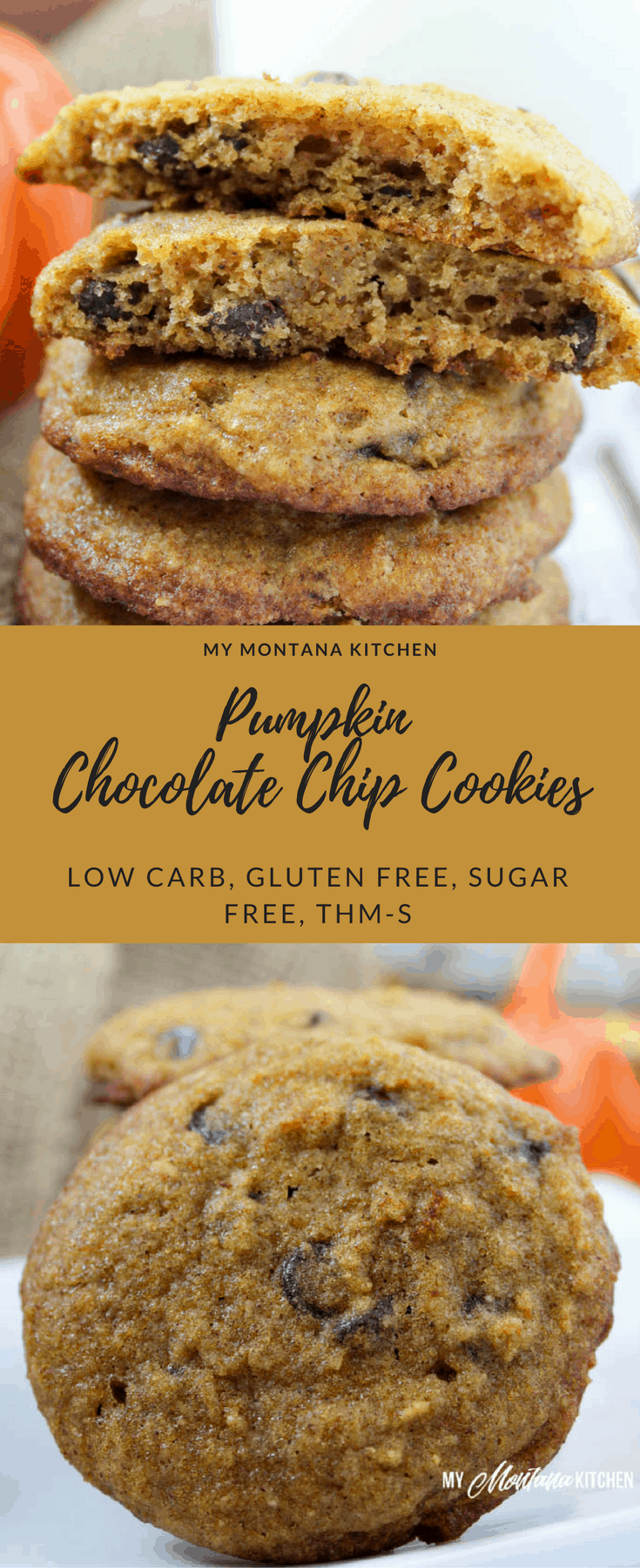 Pumpkin Chocolate Chip Cookies (Low Carb, Sugar Free, Gluten Free, THM-S) #pumpkin #pumpkincookie #chocolatechipcookie #lowcarb #trimhealthymama #thms #sugarfree #healthycookie