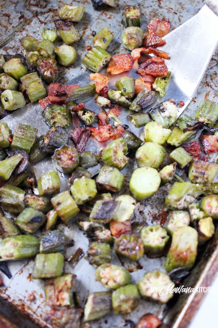 Crispy Roasted Okra with Bacon (Low Carb, THM-S) #trimhealthymama #thm #thm-s #crispyokra #okrarecipe #okra #bacon #roastedokra