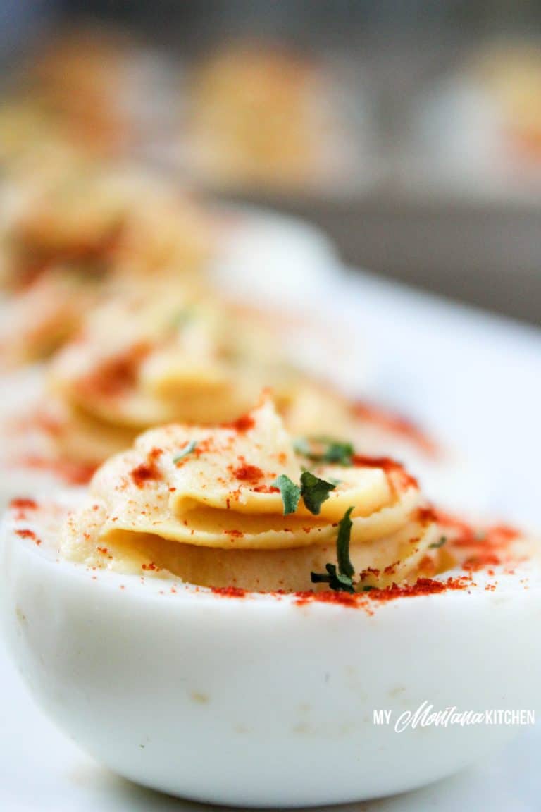 Smoky Deviled Eggs (Low Carb, THM-S) #trimhealthymama #thm #thms #deviledeggs #smokydeviledeggs #glutenfree #sugarfree #lowcarb #dairyfree #keto #mymontanakitchen