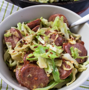 Cheesy Sausage and Cabbage Skillet (Low Carb, Keto, THM-S) #trimhealthymama #thm #thms #lowcarb #keto #easydinner #lowcarbdinner #thmdinner #glutenfree #cabbage #sausage