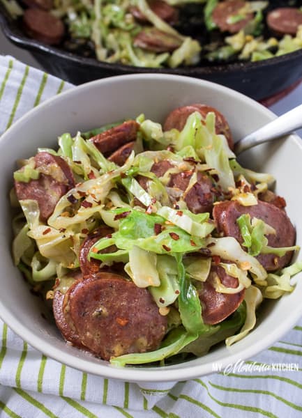 Cheesy Sausage and Cabbage Skillet (Low Carb, Keto, THM-S) #trimhealthymama #thm #thms #lowcarb #keto #easydinner #lowcarbdinner #thmdinner #glutenfree #cabbage #sausage