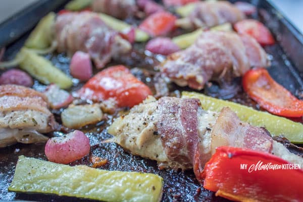 Bacon Wrapped Chicken Sheet Pan Dinner (THM-S, Low Carb) #trimhealthymama #thms #keto #lowcarb #glutenfree #bacon #chicken #sheetpandinner
