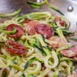 Sausage Alfredo with Zucchini Noodles (Low Carb, Keto, THM-S) #trimhealthymama #thm #thms #keto #glutenfree #lowcarb #zucchininoodles #alfredo #sausage #sausagealfredo