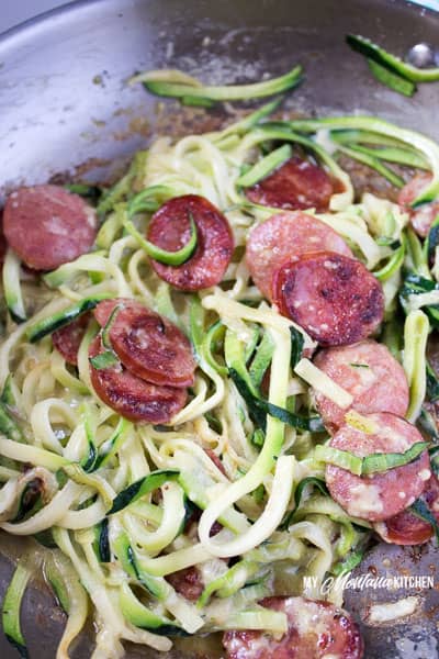 Sausage Alfredo with Zucchini Noodles (Low Carb, Keto, THM-S) #trimhealthymama #thm #thms #keto #glutenfree #lowcarb #zucchininoodles #alfredo #sausage #sausagealfredo