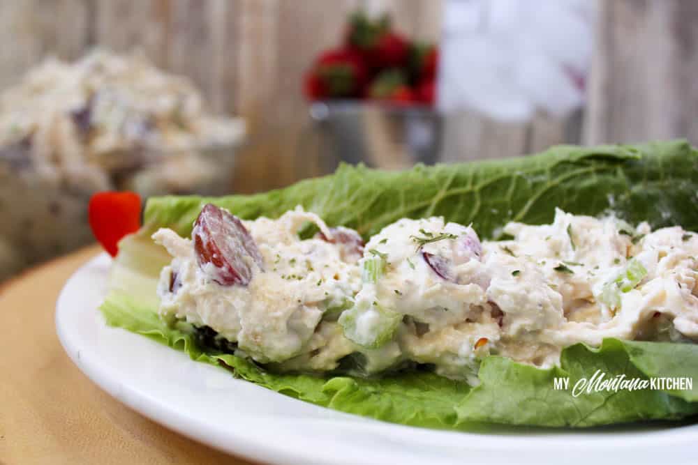 healthy chicken salad on lettuce