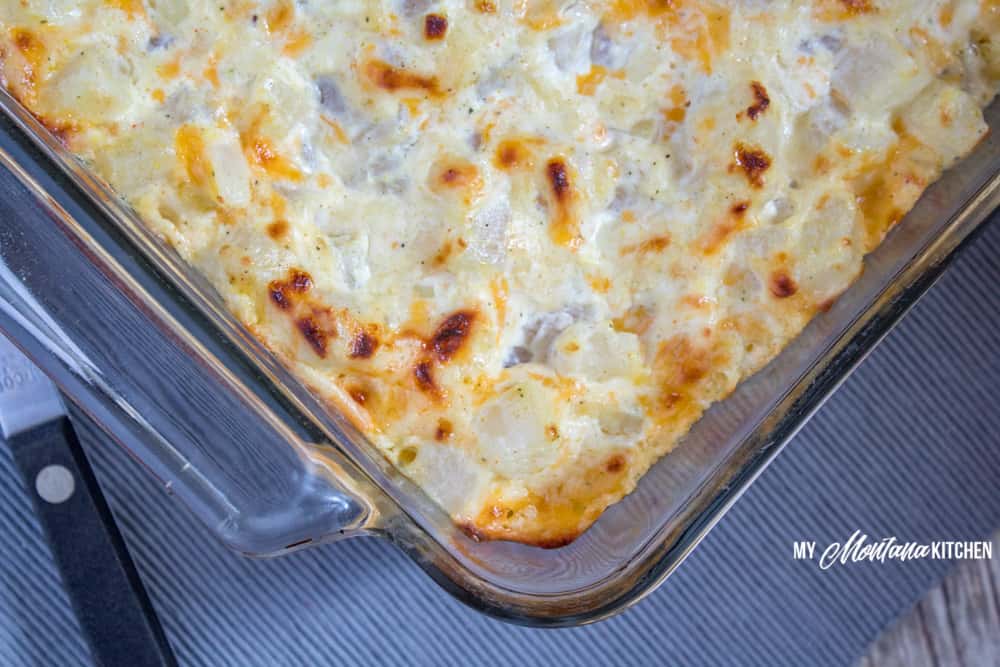 Cheesy "Potato" Casserole (Low Carb, THM-S, Keto) #trimhealthymama #thms #lowcarb #keto #cheesypotatoes #fauxpotatoes #lowcarbpotatoes