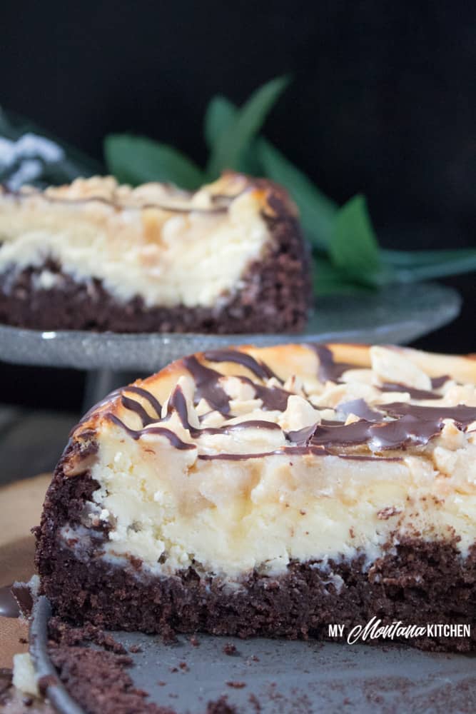 Snickers Brownie Cheesecake (Low Carb, THM-S, Sugar Free) #trimhealthymama #thm #thms #lowcarb #keto #sugarfree #glutenfree #brownie #cheesecake #browniecheesecake