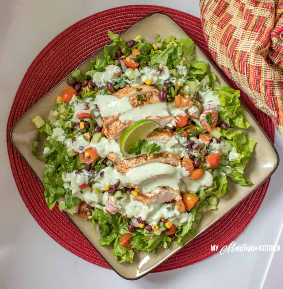 Southwest Chicken Salad (Low Fat, THM-E) #trimhealthymama #thm #thme #lowfat #southwest #chicken #salad #summermeals #greendressing