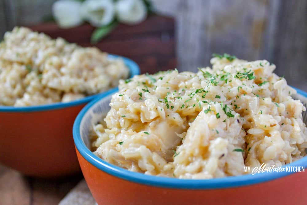 This easy chicken and rice recipe is creamy and cheesy...and healthy! This THM E chicken recipe is perfect for an easy casserole dinner. This quick and easy Instant Pot chicken and rice recipe is delicious. #trimhealthymama #thm #thme #lowfat #chickenandrice #healthydinner #instantpot