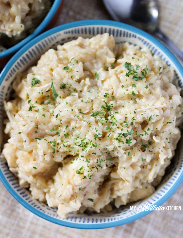 This easy chicken and rice recipe is creamy and cheesy...and healthy! This THM E chicken recipe is perfect for an easy casserole dinner. This quick and easy Instant Pot chicken and rice recipe is delicious. #trimhealthymama #thm #thme #lowfat #chickenandrice #healthydinner #instantpot