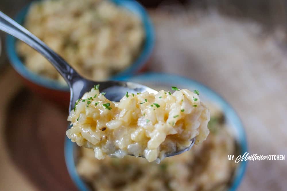 This easy chicken and rice recipe is creamy and cheesy...and healthy! This THM E chicken recipe is perfect for an easy casserole dinner. This quick and easy Instant Pot chicken and rice recipe is delicious. #trimhealthymama #thm #thme #lowfat #chickenandrice #healthydinner #instantpot