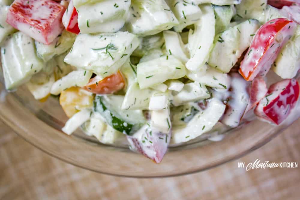 Cucumber Tomato Salad Recipe (Low Carb, THM-S) #trimhealthymama #thm #thms #lowcarb #keto #salad #cucumbers #glutenfree #tomatoes #peppers #summer