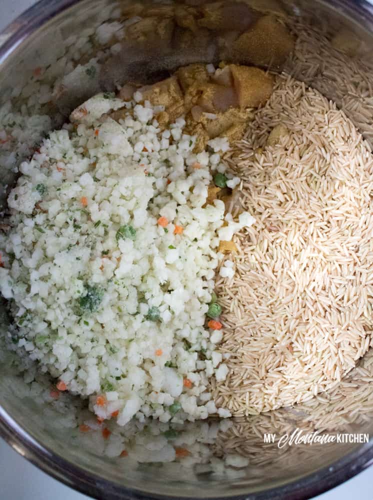 This easy chicken and rice recipe is creamy and cheesy...and healthy! This THM E chicken recipe is perfect for an easy casserole dinner. This quick and easy Instant Pot chicken and rice recipe is delicious. #trimhealthymama #thm #thme #lowfat #chickenandrice #healthydinner #instantpot