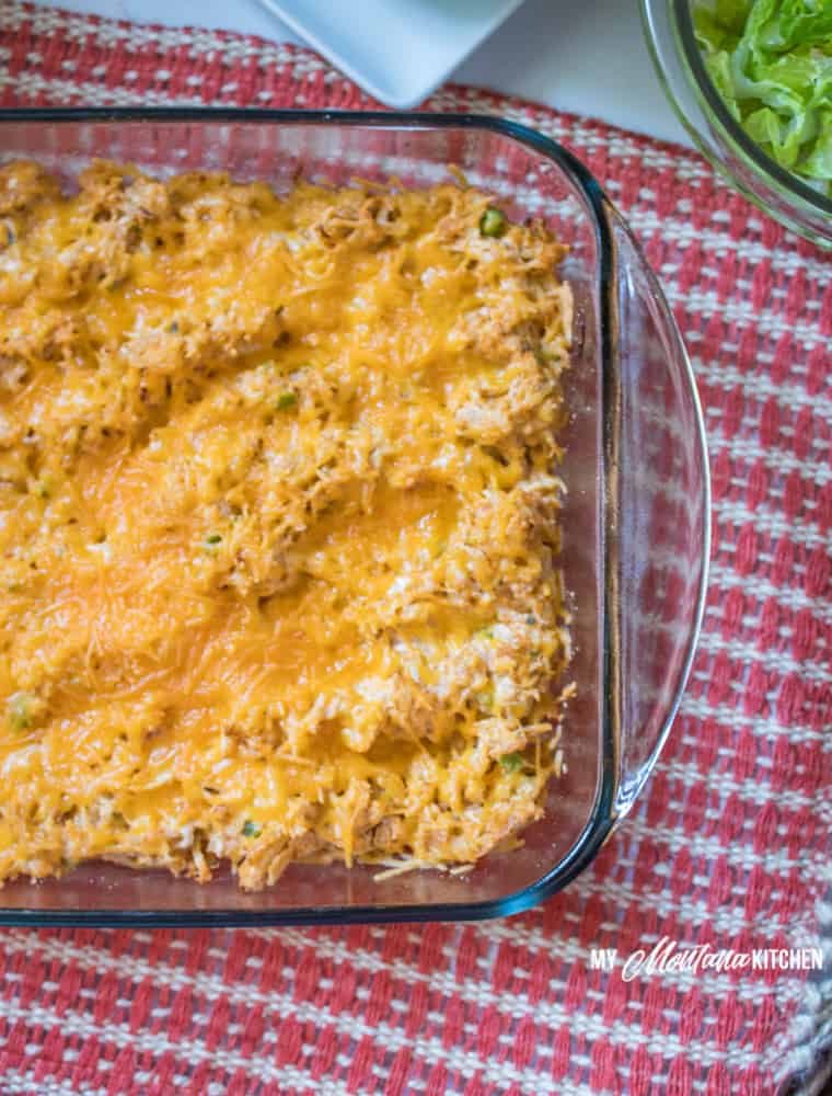 Taco Chicken Casserole in glass baking dish