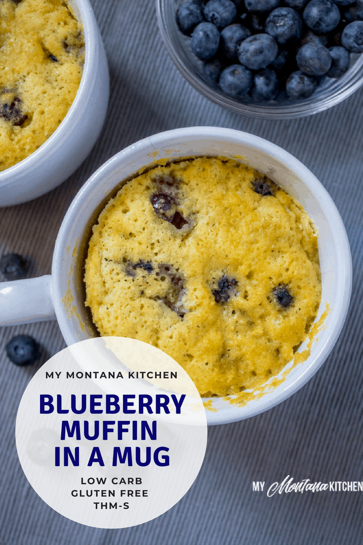 Sweet, tender, and bursting with blueberries, this Low Carb Blueberry Muffin in a Mug can be in your hands in less than 5 minutes! (And, you don’t even have to turn on your oven!) You would never know this blueberry muffin is sugar free! #trimhealthymama #thm #lowcarb #glutenfree #sugarfree #blueberrymuffin #blueberries #muffininamug #mim #mymontanakitchen #lowcarbmuffin