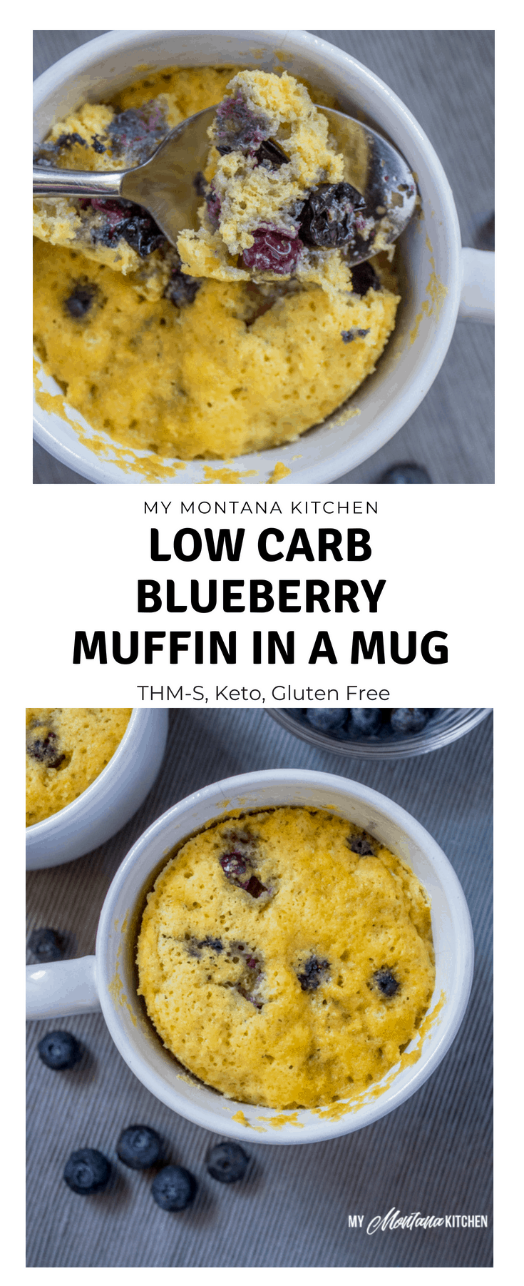 Sweet, tender, and bursting with blueberries, this Low Carb Sugar Free Blueberry Muffin in a Mug can be in your hands in less than 5 minutes! (And, you don’t even have to turn on your oven!) You would never know this blueberry muffin is sugar free! #trimhealthymama #thm #lowcarb #glutenfree #sugarfree #blueberrymuffin #blueberries #muffininamug #mim #mymontanakitchen #lowcarbmuffin