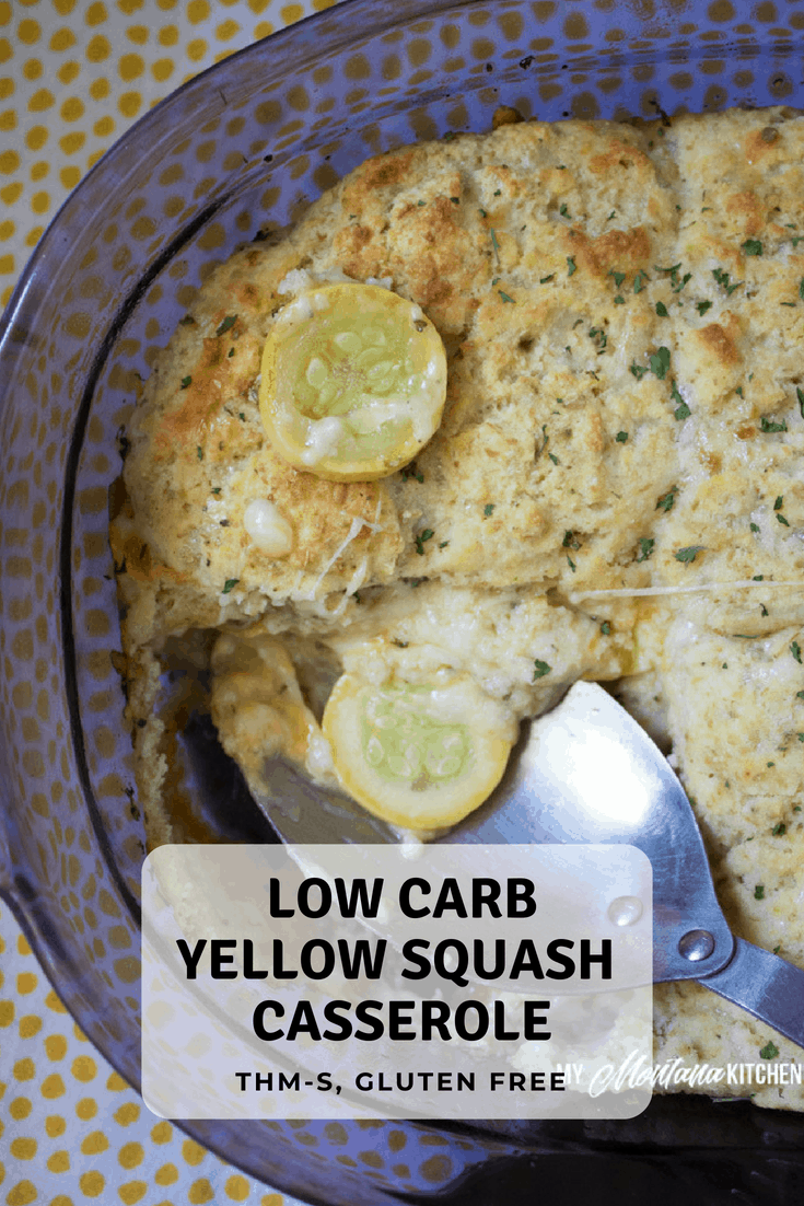 Looking for ways to use the extra squash from your garden? Try this Cheesy Low Carb Yellow Squash Casserole. It is an easy dinner idea that your whole family will love. Filled with Italian spices, melty cheese, and topped with low carb biscuits. It's a low carb take on a classic comfort food! #trimhealthymama #thm #lowcarb #yellowsquash #casserole #easydinneridea #keto #glutenfree