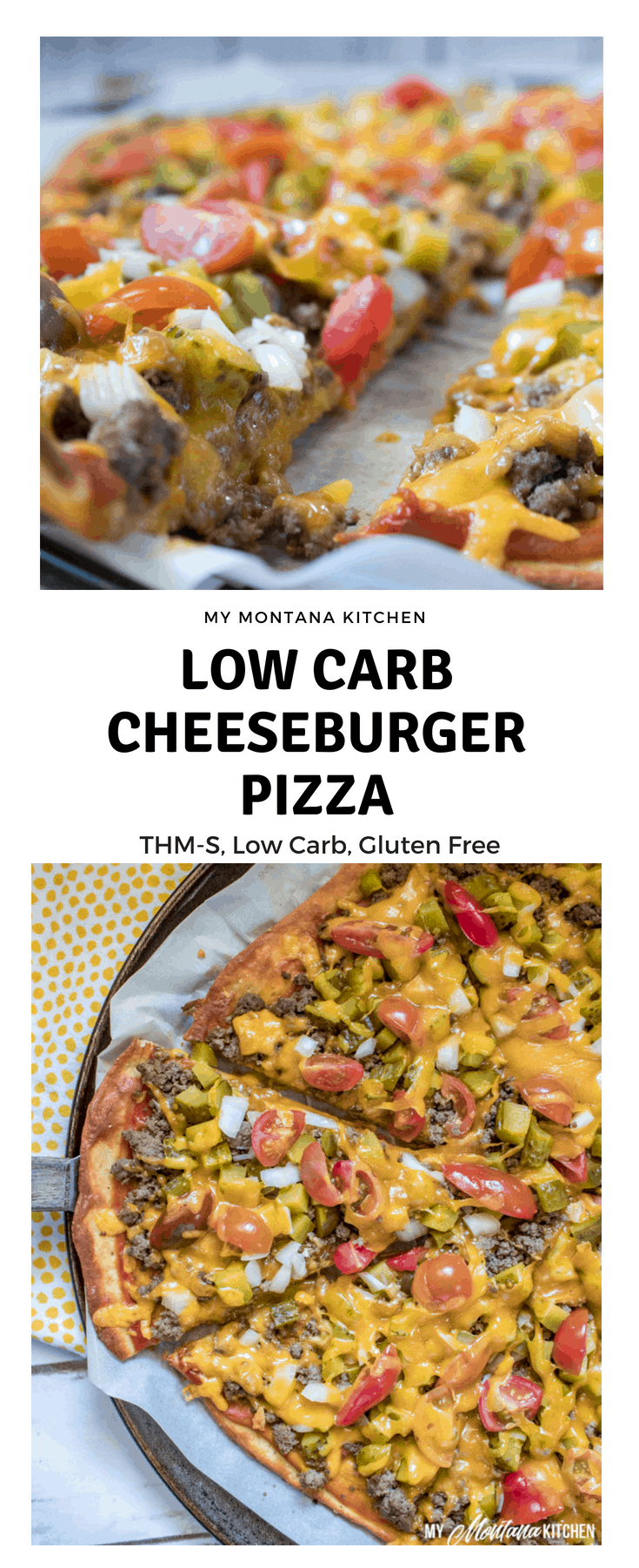 Combine the best of both cheeseburgers and pizza and you have a delicious and easy dinner idea - Cheeseburger Pizza! Using a low carb crust and lots of toppings, this keto pizza is perfect for a family dinner! #trimhealthymama #thm #lowcarb #keto #cheeseburger #pizza #groundbeef #easyrecipe #glutenfree