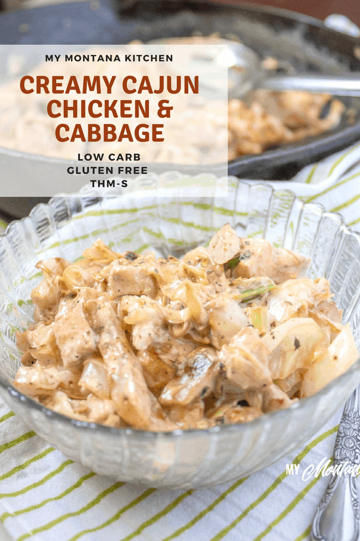 This Creamy Cajun Cabbage and Chicken tastes like a Cajun Alfredo. It is an easy low carb meal made on your stopetop. Perfect for summer or any time you need an easy, quick meal idea. #trimhealthymama #thm #lowcarb #cajun #chicken #cabbage #glutenfree #chickenandcabbage #easydinner #healthymeal