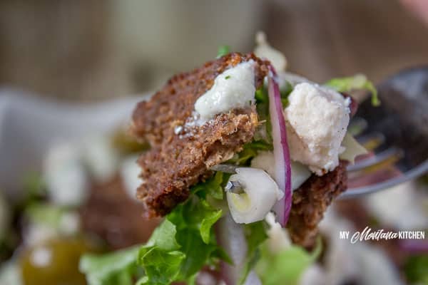 If you've been wondering how to make a Gyro Salad, look no further! This savory salad has all the flavor of Greek Gyros, and it makes a delicious healthy dinner! Even my kids loved this healthy entree! #trimhealthymama #thm #ketosalad #lowcarb #gyrosalad #greeksalad #greek