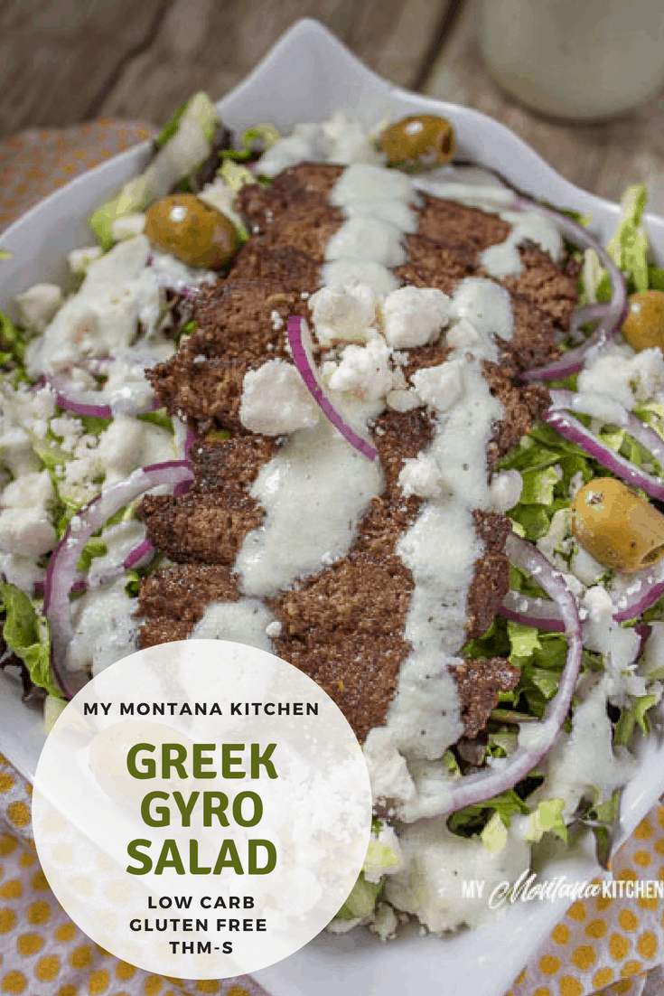 This savory salad has all the flavor of Greek Gyros, and it makes a delicious healthy dinner! Even my kids loved this healthy entree! #trimhealthymama #thm #ketosalad #lowcarb #gyrosalad #greeksalad #greek