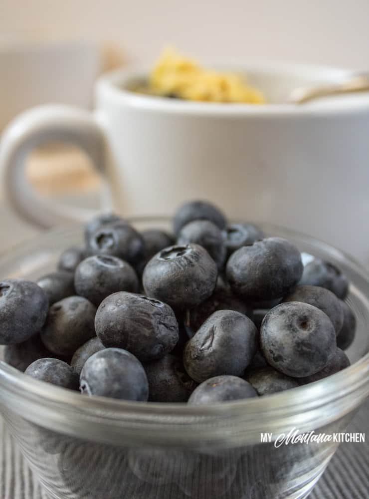 Blueberries are high in antioxidants, can help with weight loss, and can help improve brain function. Try this Low Carb Blueberry Muffin in a Mug Recipe and see just how delicious blueberries can be! #trimhealthymama #thm #lowcarb #glutenfree #sugarfree #blueberrymuffin #blueberries #muffininamug #mim #mymontanakitchen #lowcarbmuffin #dairyfree