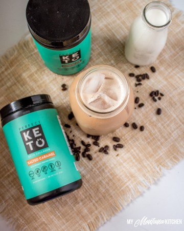 This is the best keto iced coffee recipe - filled with healthy fats and protein, it will keep you satisfied. This is the perfect low carb coffee drink for hot weather. #keto #lowcarb #perfectketo #collagen #mct #protein #icedcoffee #howtomakeicedcoffee #besticedcoffee #trimhealthymama #mymontanakitchen