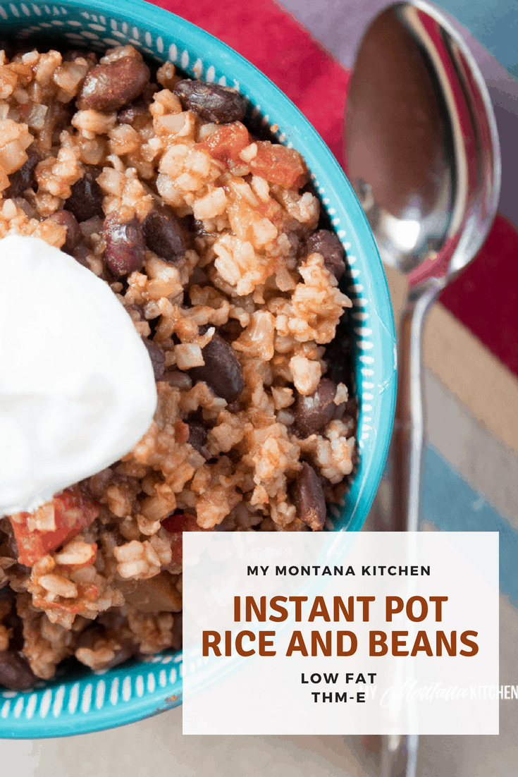 This Instant Pot Rice and Beans recipe  is sure to be a family favorite. Brown rice, beans, spices, and all your favorite flavors combine to make this a frugal, hearty dish. #trimhealthymama #thm #thme #lowfat #instantpot #frugalmeal #meatlessmonday #riceandbeans #instantpotriceandbeans #glutenfree #mymontanakitchen