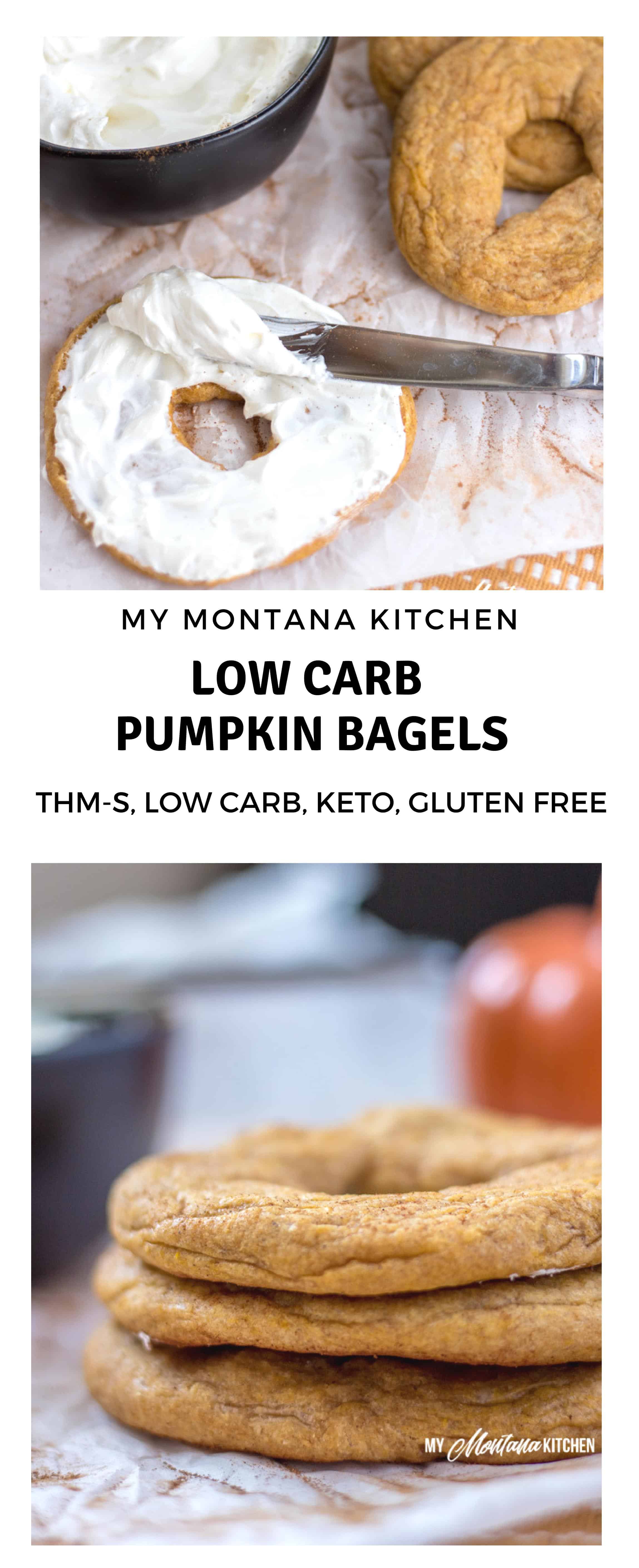 These low carb pumpkin bagels are the very essence of fall. Dense, chewy, and perfect when topped with whipped cream cheese. If you need a keto pumpkin recipe, this is the one to try! #keto #lowcarb #trimhealthymama #glutenfree #sugarfree #pumpkinspice #pumpkinbagel #bagels #mymontanakitchen