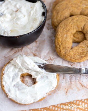 These low carb pumpkin bagels are the very essence of fall. Dense, chewy, and perfect when topped with whipped cream cheese. If you need a keto pumpkin recipe, this is the one to try! #keto #lowcarb #trimhealthymama #glutenfree #sugarfree #pumpkinspice #pumpkinbagel #bagels #mymontanakitchen