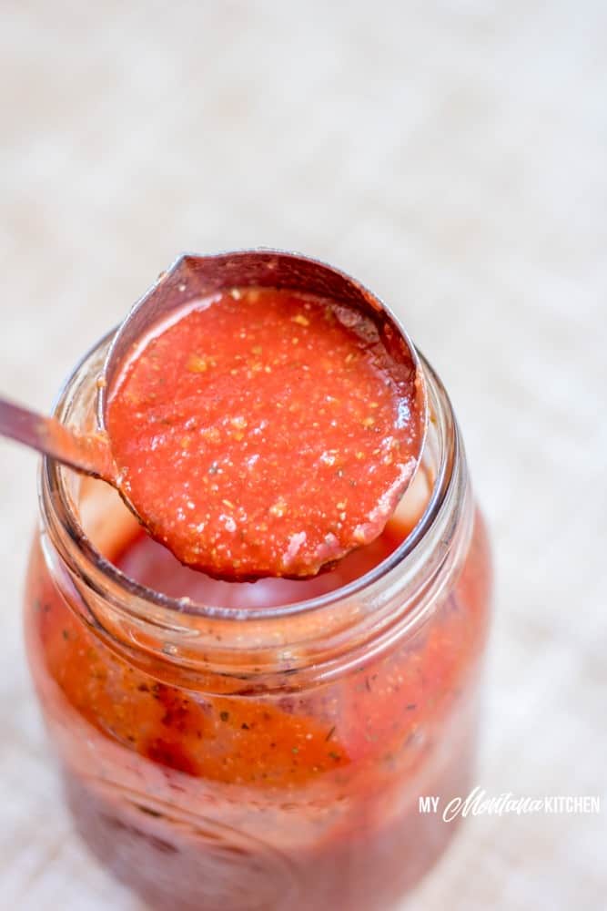 This sugar free pizza sauce recipe comes together in minutes and is a simple way to enjoy a delicious, low carb pizza. #sugarfree #lowcarb #keto #trimhealthymama #homemadepizzasauce #pizza #pizzasauce
